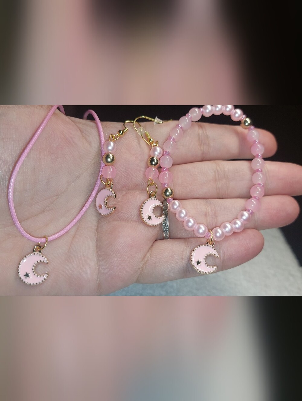 Pink Crescent Moon Pendant Jewelry Set With Glass And Plastic Beads Leather Cord
